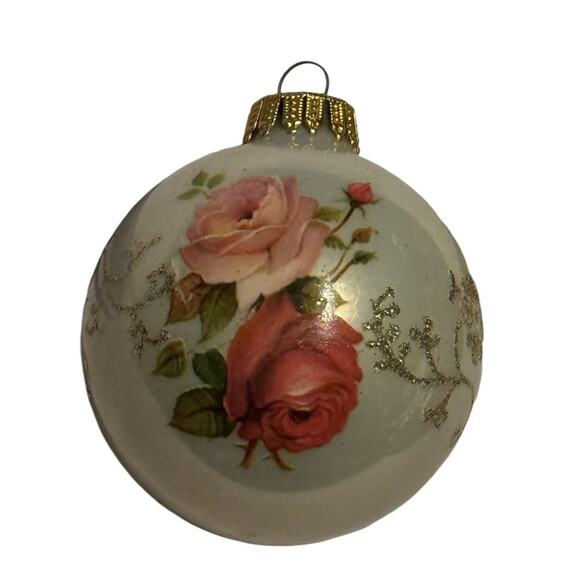 Pink Red Rose Ornament Christmas Tree Holiday Glitter Glass West Germany Krebs - Picture 3 of 5